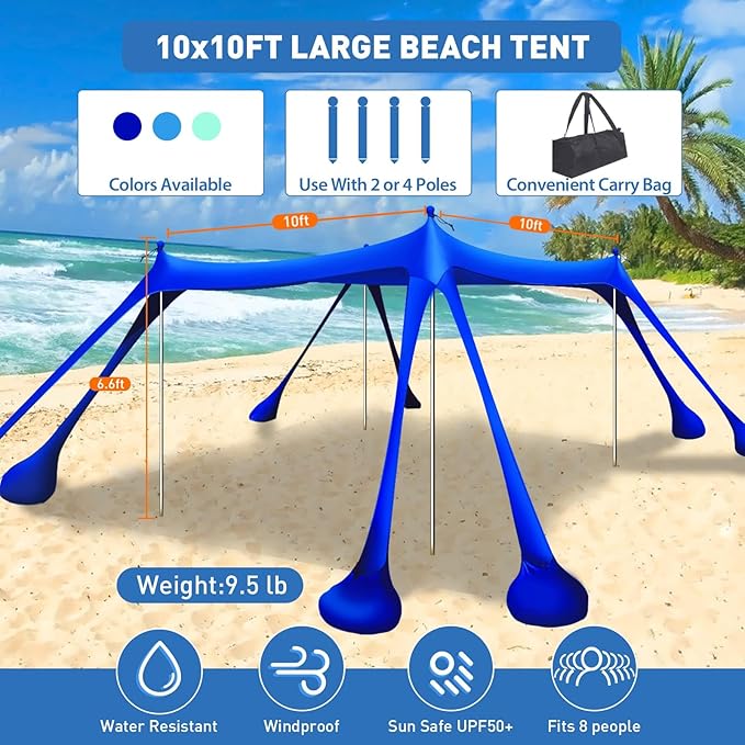 Beach Tent Sun Shelter 10x10ft Beach Canopy Easy Pop Up Sun Shade Portable UPF50+ with 8 Sandbags-2 Sand Shovel-4 Aluminum Poles-Ground Pegs for Outdoor Family Camping Fishing Backyard Picnic