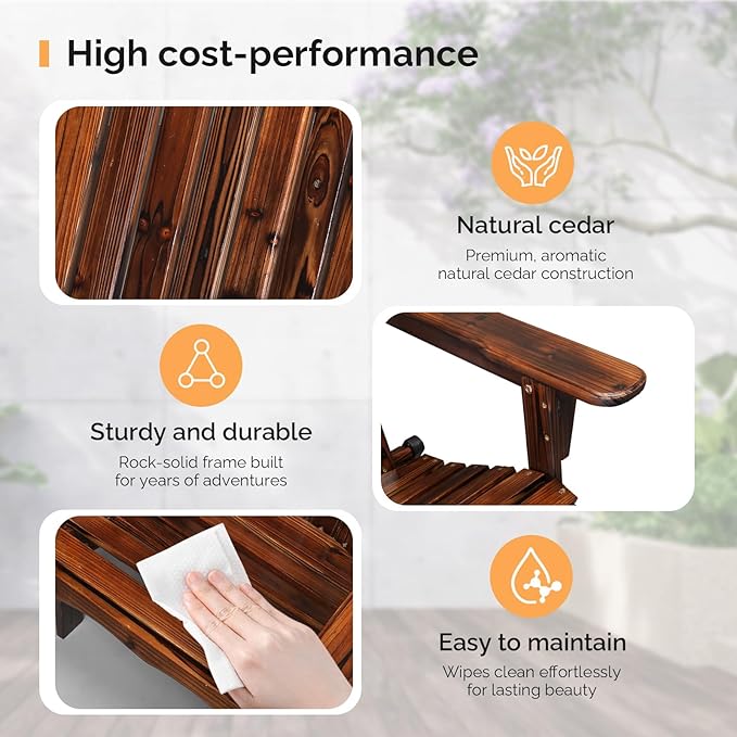 VINGLI Folding Adirondack Chair Set of 4, Wood Adirondack Chairs for Outdoor, Foldable Fire Pit Chairs for Patio, BBQ, Porch, Yard, Pool, Carbonized