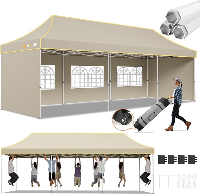 Hoteel 10x30 Pop Up Canopy Tent Heavy Duty with 5 Sidewalls, Waterproof Party Tent, Easy Set-up Commercial Instant Tents with Roller Bag & Sandbags, Hexagonal Leg (1-Year Warranty)