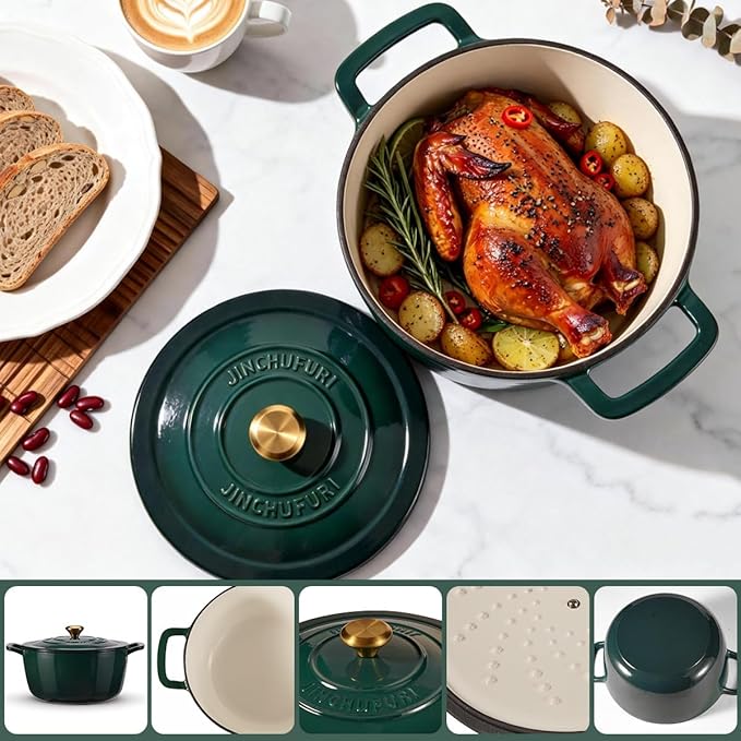 Enameled Cast Iron Dutch Oven with Lid – 5QT Heavy-Duty Pot, Oven Safe up to 500°F, Dual Handles, Ideal for Sourdough Bread Baking, Stews, Roasting, Braising – All Cooktops, Durable & Versatile Cookware (Green)