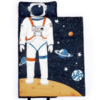 PHF Toddler Nap Mat with Removable Pillow and Minky Fleece Blanket, Rollup Design Warm Slumber Bags for Boys Girls, 52"x20"x2" Kids Sleeping Bag for Daycare Preschool Travel Camping, Astronaut