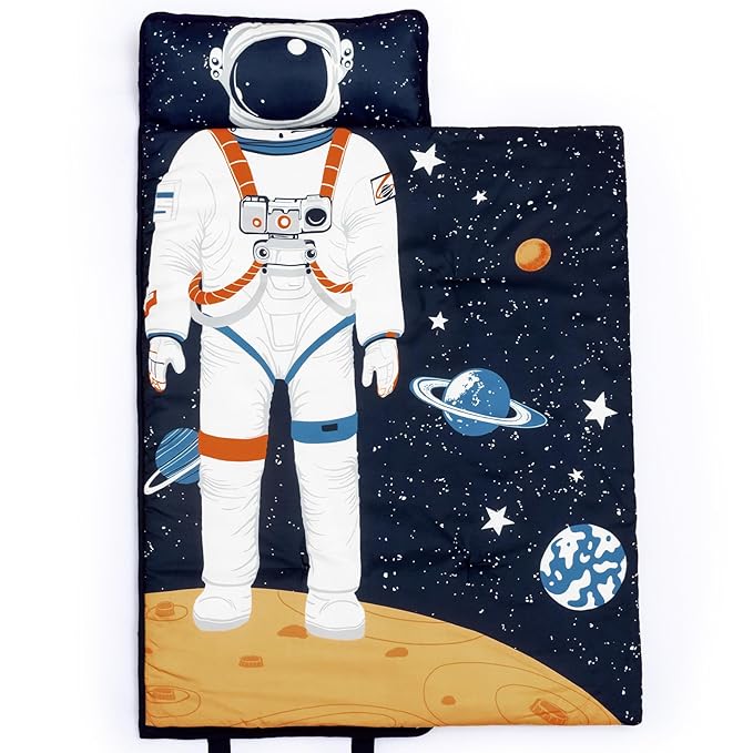 PHF Toddler Nap Mat with Removable Pillow and Minky Fleece Blanket, Rollup Design Warm Slumber Bags for Boys Girls, 52"x20"x2" Kids Sleeping Bag for Daycare Preschool Travel Camping, Astronaut