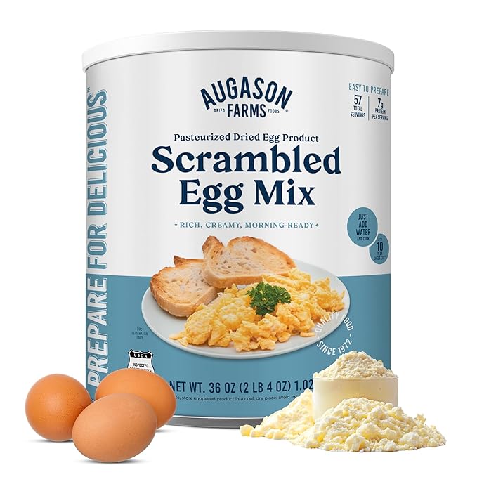 Augason Farms Pasteurized Scrambled Egg Mix Can – Emergency Food Supply, Dehydrated scrambled egg for Baking & Camping - Gluten Free Survival Food with Long Shelf Life - 57 Servings