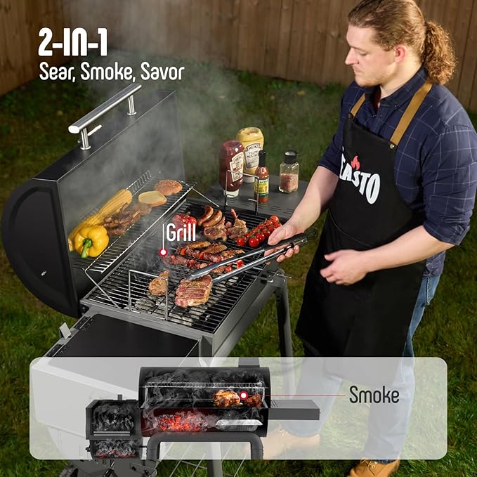 BBQ Charcoal Grill with Offset Smoker Grill and Side Table, 30-In Heavy-Duty Outdoor BBQ Grill with 815 Sq. In. Cooking Space for Outdoor Barbecue in Backyard, Patio and Parties, Black