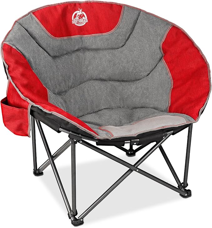 Northroad XXL Camping Moon Chair,Oversized Round Chair,Folding Padded Saucer w/Side Pocket,500lbs Capacity for Outdoor Hiking Fishing Picnic Lawn,Red&Grey