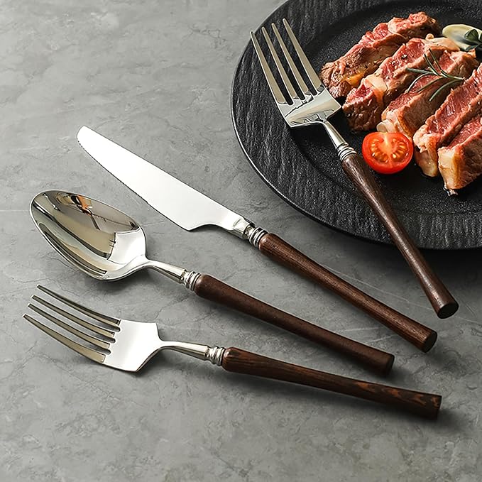60pcs wooden silverware set, food-grade stainless steel flatware service for 12,Premium 18/8 (304) Stainless Steel Cutlery Set, Forks Spoons and Knives Set for Home/Camping/Travel, Mirror Finish