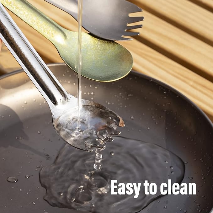 TiTo Titanium Long Handle Spork and Spoon Eco-Friendly Ultralight Portabale Flatware for Outdoor Camping Backpacking Hiking Travel Picnic Tableware with Bag (Bright Golden Spork)