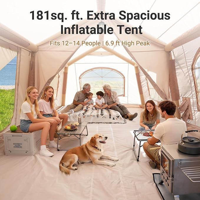ABORON 2/6/8/10/12 Person Inflatable Camping Tent, Easy Setup Blow Up Tent with Hand Pump, PU3000mm Waterproof & Breathable 4 Season Glamping Tent for Outdoor Camping