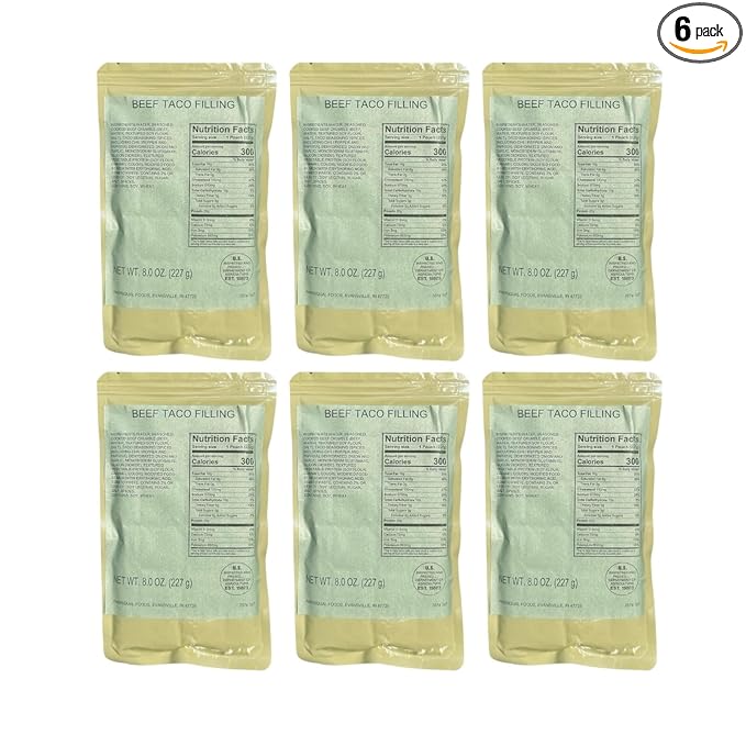 MRE (Meal-Ready-to-Eat) | Single Serving Entree | Emergency Meals | Survival Food | Fresh Dates | Long Shelf Life | Made in USA (6-Pack, Beef Taco Filling)