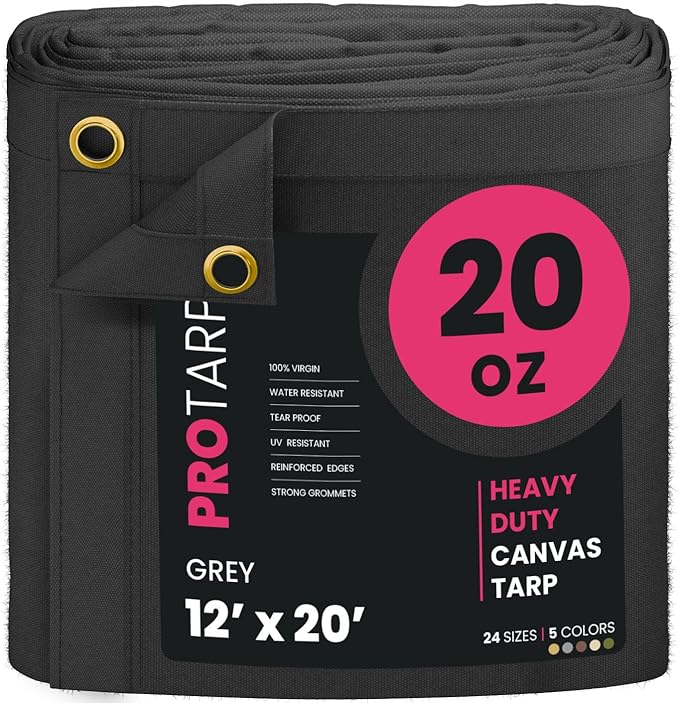 PROTARP Extreme Heavy Duty 20 OZ Water Resistant Canvas Tarp, UV Resistant Tarpaulin Cover with Rustproof Brass Grommets, Multipurpose for Canopy, Roof, Camping, Woodpile (Grey 12'X20')