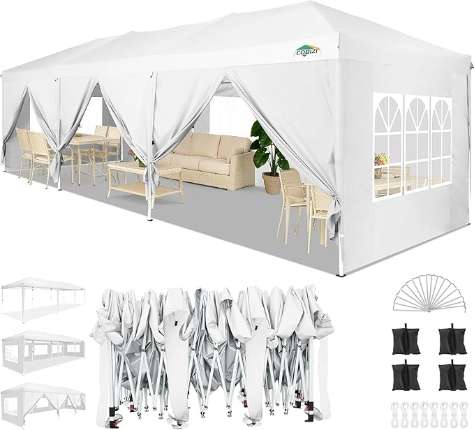 COBIZI 10x30 Pop Up Canopy with 8 Sidewalls for Parties Wedding Backyard, Waterproof Outdoor Commercial Event Shelter with Stakes, Ropes, Sandbags, White