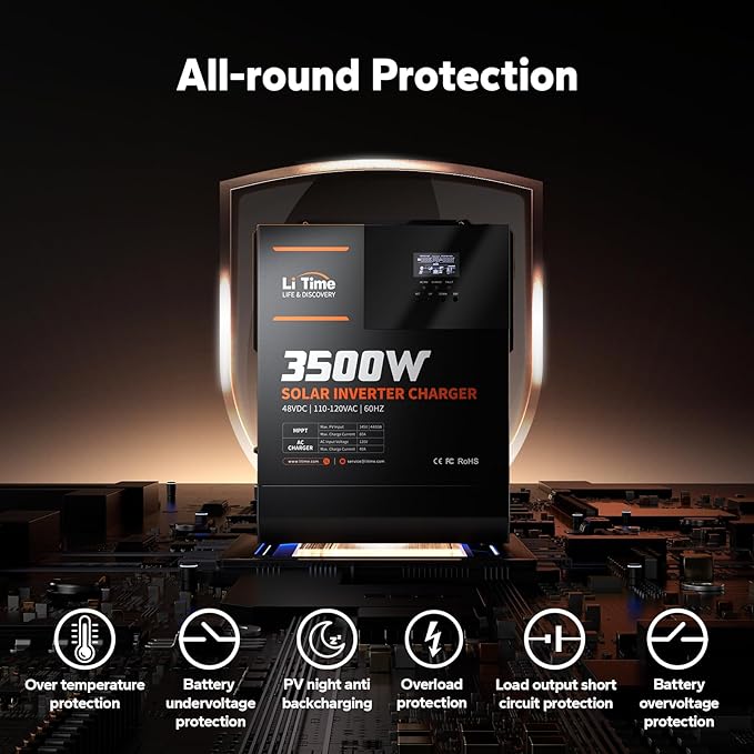 LiTime 3500W All-in-One Solar Inverter Charger, 48V DC to 120V AC Pure Sine Wave Inverter, Built in 80A MPPT Charge Controller, for 48V Lead Acid/LiFePO4 Battery, Home Energy Storage, Off-Grid