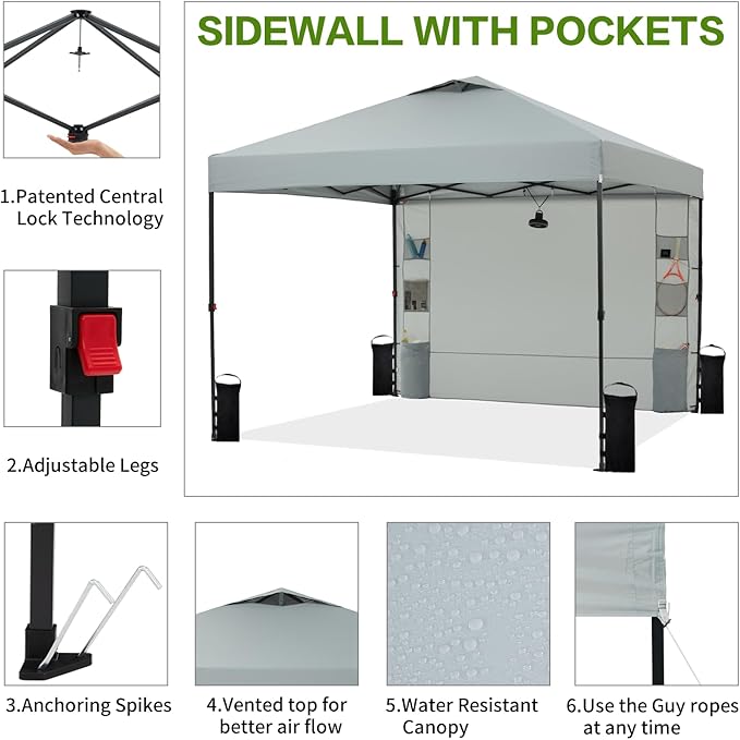10'x10' Pop Up Canopy Tent with 1 Sidewall and 6 Pockets, One Push Setup, Instant Shade Tent with Vented Roof for Beach Patio Outdoor, Case, 8 Stakes, 4 Ropes, 4 Sandbags (Light Gray, 10x10)