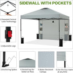 10'x10' Pop Up Canopy Tent with 1 Sidewall and 6 Pockets, One Push Setup, Instant Shade Tent with Vented Roof for Beach Patio Outdoor, Case, 8 Stakes, 4 Ropes, 4 Sandbags (Light Gray, 10x10)