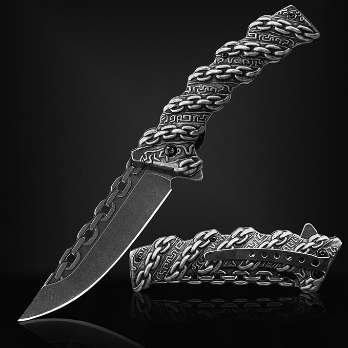 NedFoss Chain Pocket Knife Gifts for Men, Valentines Day Gifts for Him, 3.5 inch Flipper Opening Folding Knives, Cool Knife with 3D Pattern, Camping Hunting Knife Christmas Birthday Gifts For Men Husband Women (Black)