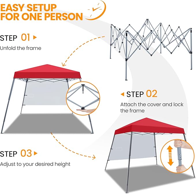 Yaheetech Pop Up Canopy Tent with Backpack, 10x10 Base Portable Easy One Person Setup Folding Shelter Compact Lightweight Slant Leg Canopy with 1 Sidewall, 8x8 Top, Red