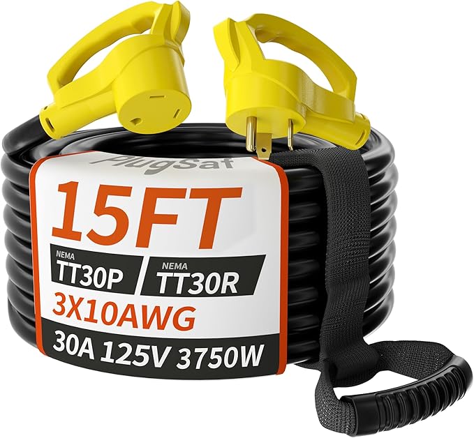 15 FT 30 Amp RV Extension Cord Outdoor with Grip Handle, Flexible Heavy Duty 10/3 Gauge STW RV Power Cord Waterproof with Cable Organizer, NEMA TT-30P to TT-30R, Black-Yellow, ETL Listed