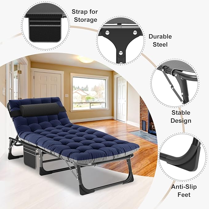 ABORON 5 Positions Camping Cots for Adults,Outdoor Folding Sleeping Cot/Mat,Folding Chaise Lounge Chair with Pillow,Portable Reclining Chair for Beach Lawn Camping Pool,Sunbathing Chairs