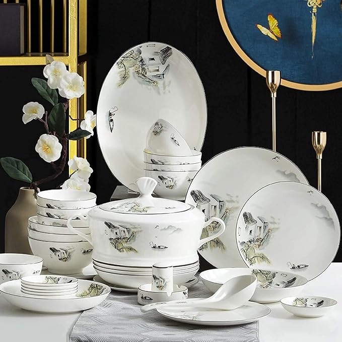 Dinnerware Set Dinner Party Tableware Service Set Ceramics Dinnerware Sets, Porcelain Cereals Bowls/Steak Plates/Soup Pot | 50 Pieces Chinese Style Bone China Dinner Combination Se