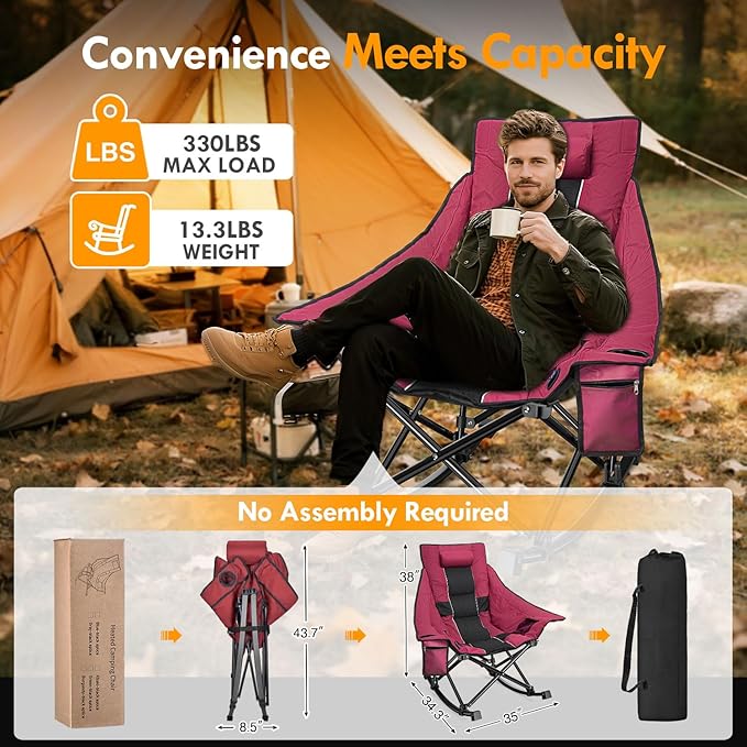 Slendor Oversized Heated Camping Chair with 2000mAh Battery, Padded & Pillow Heated Rocking Chair, 3 Adjustable Heat Settings Camping Rocker Chair for Easy Setup and Foldable Storage