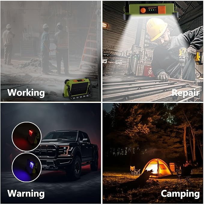 120W Solar Rechargeable Work Light, 144 LED Portable Flood Light with Stand, IP66 Waterproof 4 Modes LED Job Site Lighting Flashlights for Mechanic Camping Fishing Car Repair(Green 1 Pack)