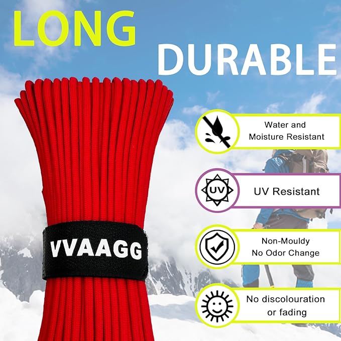 VVAAGG 1000 Paracord Rope, 50ft 12 Strand Parachute Cord for Crafting, DIY Projects, Survival Bracelets, Camping, Tent, Clothsline, Outdoor Hiking, Fishing (Red, 50FT)