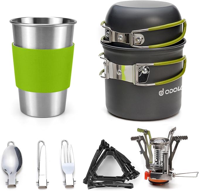 Odoland Bundle - 2 Items Camping Cookware Stove and Tableware Kit and 48 Cans Soft Cooler with Wheels and Handle