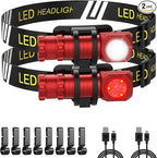 High Lumens LED Rechargeable Headlamp for Adults - Hard Hat Light Running Head Lamp with Red Light, Magnet, 180° Tilt, 7 Modes, Detachable Flashlight & Headband, Outdoor, Emergency Use 2PC Red