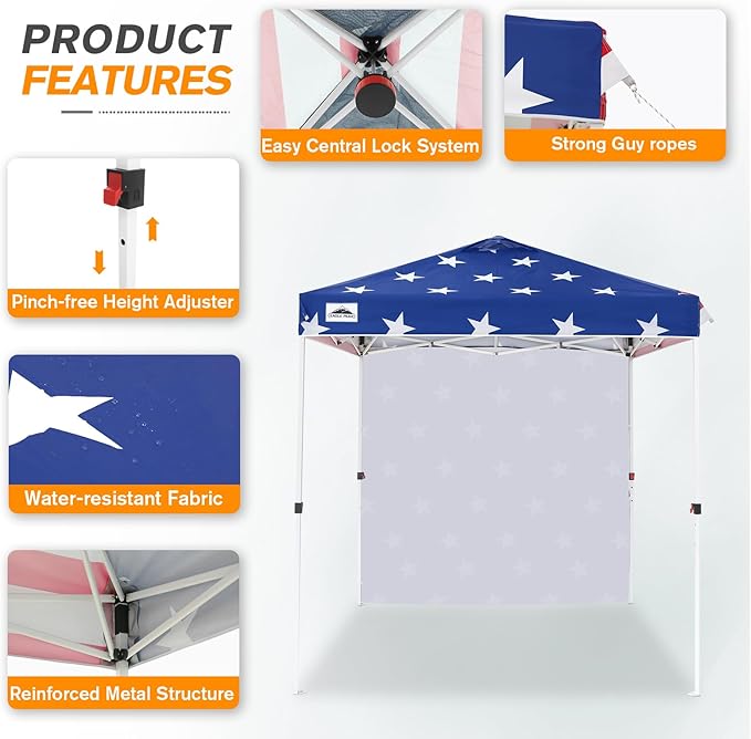 EAGLE PEAK Commercial Canopy 6.6x6.6 Pop Up Canopy Tent with 1 Sidewall, Easy Setup Heavy Duty Instant Event Shelter for Vendors & Markets, Outdoor Sun Shade, American Flag