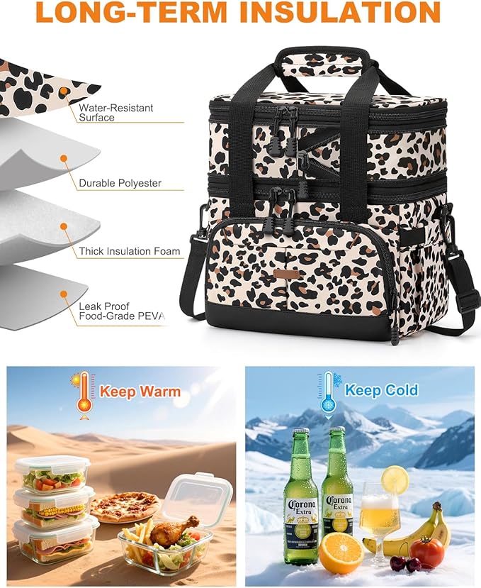 Lunch Box For Men Women Double Deck Insulated Lunch Bag For Men Woman Leakproof Expandable Cooler Bag with Adjustable Shoulder Strap for Kids Shool Work Picnic Camping(Leopard,Large)