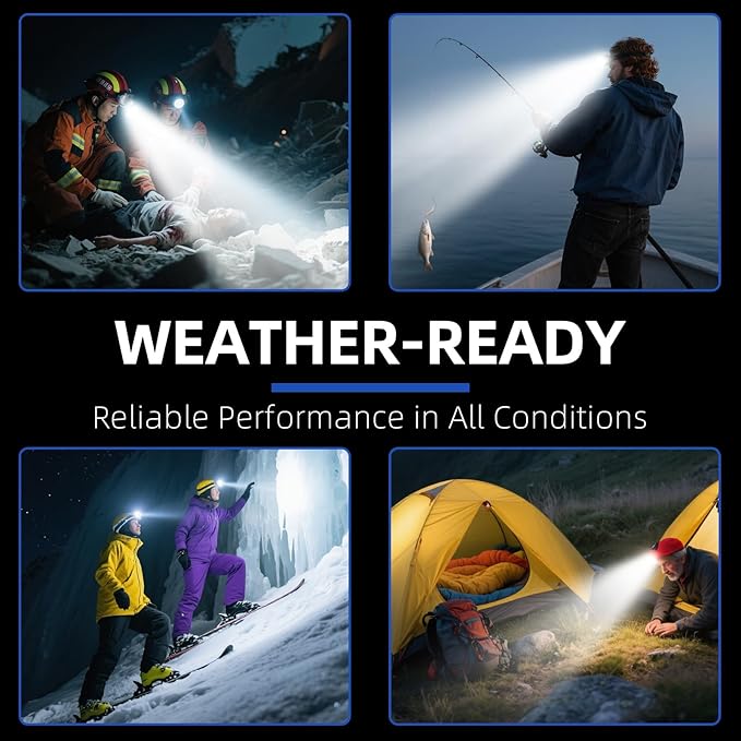 Headlamp Rechargeable 2600mAh Hard Hat Light,1000LM Forehead LED Flashlight Lightweight, Heavy-Duty, IPX4 Waterproof for Camping, Running, Work, Hiking, Fishing