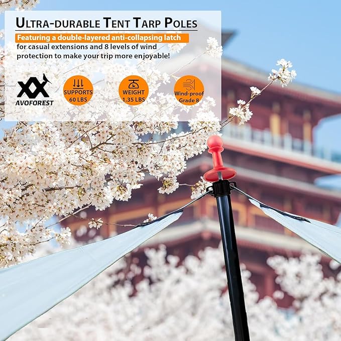 Tarp Poles Heavy Duty Adjustable, AVOFOREST Aviation Aluminum 8.7FT Tent Poles Lengthen and Thicken with Protection Cap Awning Poles Set of 2 for Hiking