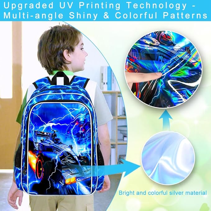 17" Cars Backpack for Boy, 3Pcs Lightning Bookbag for Elementary Preschool Kindergarten, Kids School Backpacks with Lunch Box (Blue)