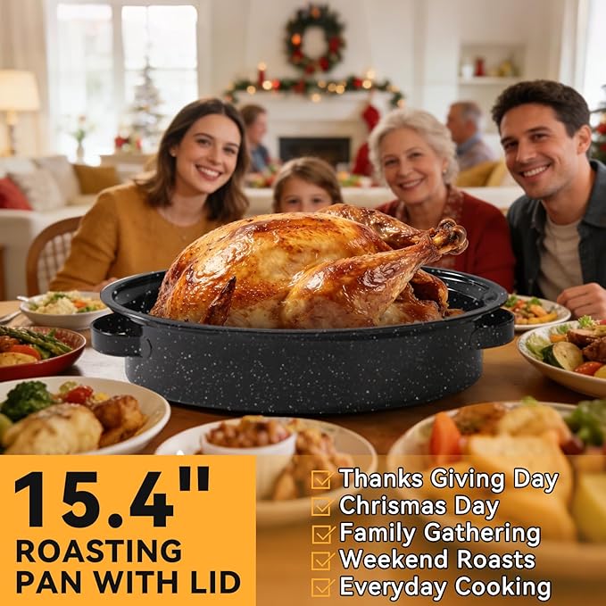 15.4” Roasting Pan With Lid, Oval Roaster Pan, Medium Roasting Pan For 10 Lb Turkey, Chicken, Lamb, Vegetables, Casserole, Lasagnaa