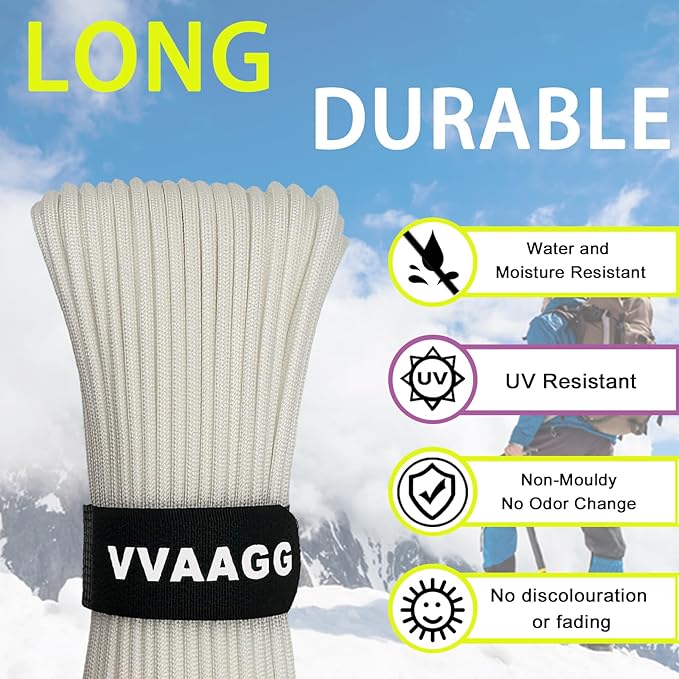VVAAGG 1000 Paracord Rope, 50ft 12 Strand Parachute Cord for Crafting, DIY Projects, Survival Bracelets, Camping, Tent, Clothsline, Outdoor Hiking, Fishing (White, 50FT)