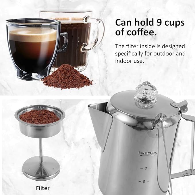 Percolator Coffee Pot Stainless Steel Coffee Percolator w Clear Top Glass Knob, Outdoor Stovetop Camping Coffee Maker, Coffee Pot for Stovetop Coffee Making Traveling Fast Brew 9 Cups