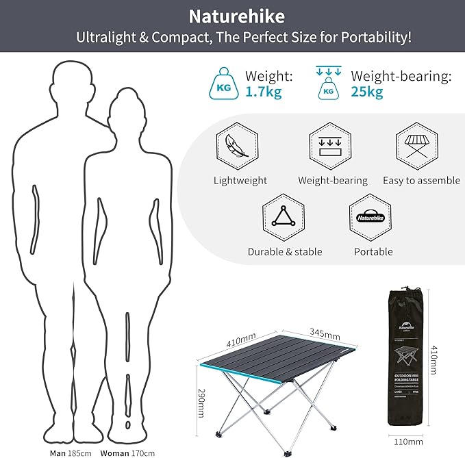 Naturehike FT08 Portable Camping Table, Ultralight Aluminum Folding Beach Table with Carry Bag for Outdoor Cooking, Picnic, Camp, Boat, Travel