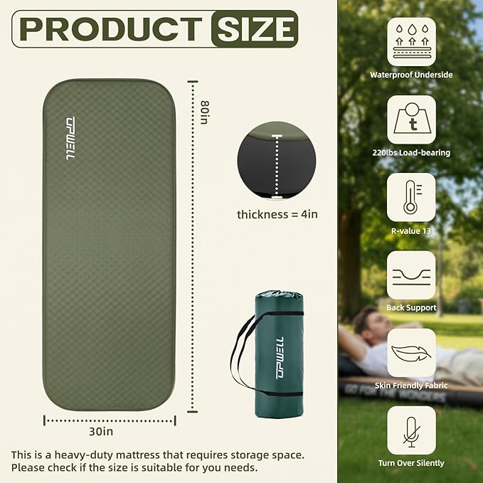 UPWELL Self Inflating Sleeping Pad 4.5" Thickness Camping Mattress with Solid Foam Single Sleeping Mat Portable Fast Inflation for Outdoor Mat Portable Roll Up，with air Pump