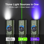 JETBeam E26 Rechargeable EDC Flat Flashlight 4 Constant Brightness Modes+Strobe+1300mW UV+Green Beam Combo,1800 Lumens Portable Pocket Lights,IPX-8,Triple Sources for Outdoors,Emergency,Working