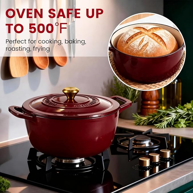 Enameled Cast Iron Dutch Oven with Lid – 5QT Heavy-Duty Pot, Oven Safe up to 500°F, Dual Handles, Ideal for Sourdough Bread Baking, Stews, Roasting, Braising – All Cooktops, Durable & Versatile Cookware (Red)