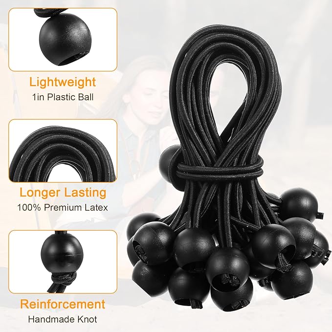 100PCS 6inch Ball Bungee Cords, Heavy Duty Bungee Cords with Balls for Shelter Camping Cargo Tent Poles UV Resistant, Indoor & Outdoor Tarp Tie Downs for Organize and Secure