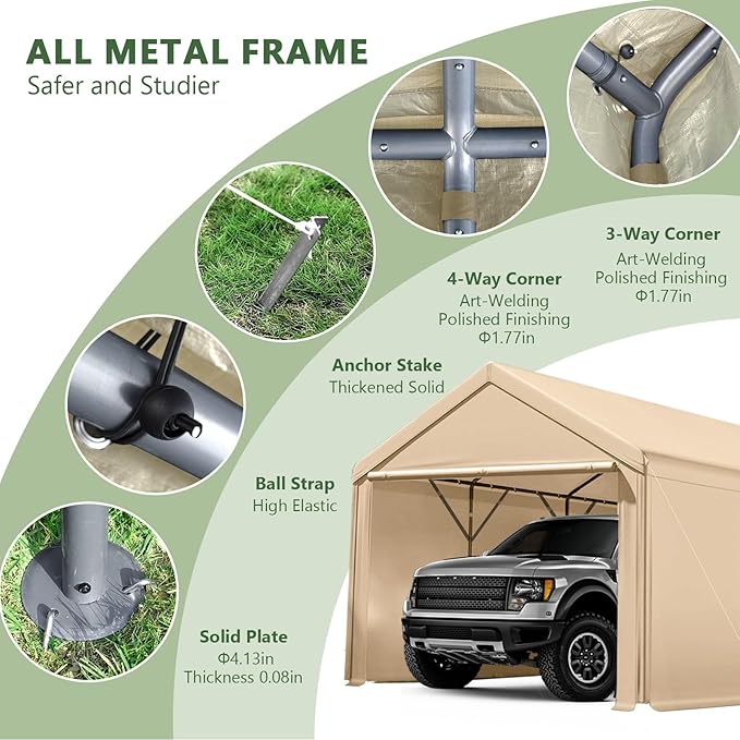 Carport 10x20ft Heavy Duty Canopy,Portable Garage Party Tent,Portable Garage with Removable Sidewalls & Doors All-Season Tarp for Car,Truck,Party Beige