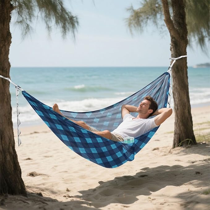 Dark Blue Checkerboards Hammocks for Camping with Hanging Rope Indoor Hammock for Patio Backyard Lounge Base