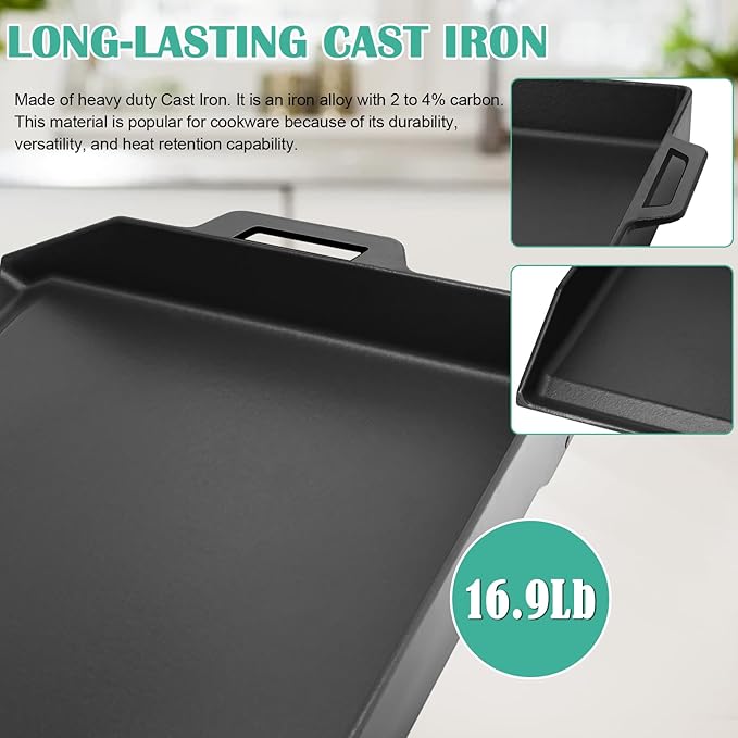 Hiorucet 18 Inch Cast Iron Griddle, Large Flat Top Plate for Gas Grills and Range Oven, Universal BBQ Cooking Grill Griddle Pan Insert with Handles for Indoor/Outdoor, Camping, Tailgating, Parties.