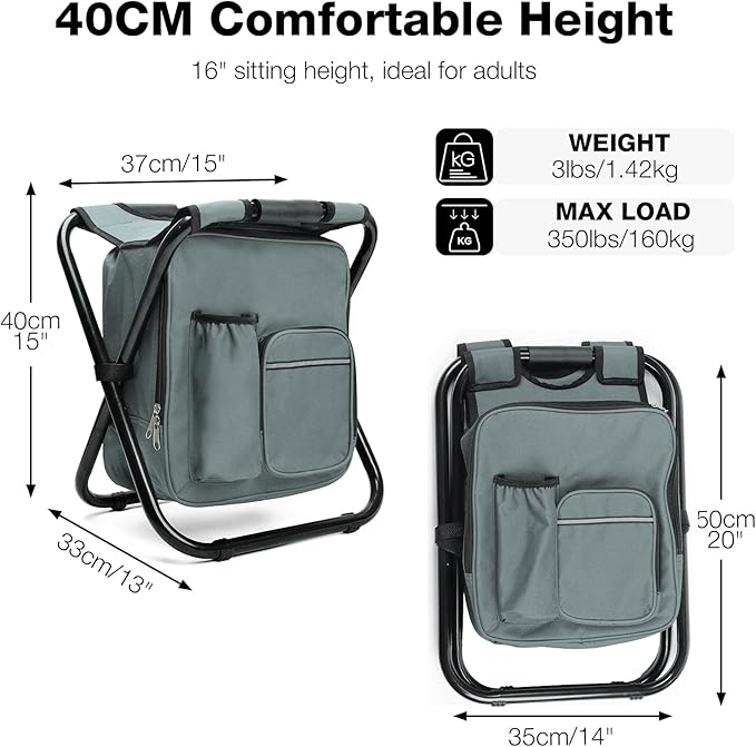Portable Backpack Stool Cooler Chair for Adults, Folding Large 3 in 1 Multifunction Insulated Camping Seat Backpack Cooler Chair Heavy Duty 350lbs for Fishing Hunting, Gray