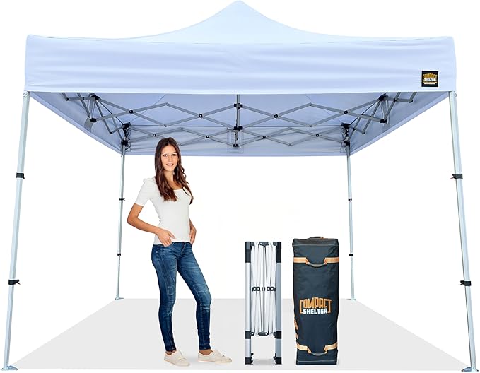 8x8 Heavy Duty Pop Up Canopy by Compact Shelter - Easy Setup, Commercial Grade Aluminum Frame, 42” Folded Frame Height, UPF 50+, Adjustable Portable Tent for Beach, Events, Camping, Roller Bag (White)