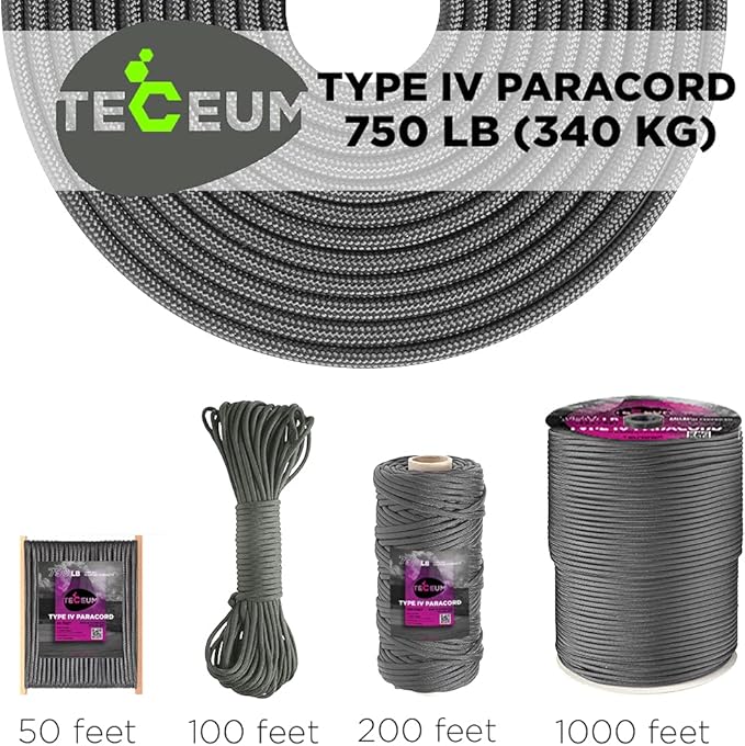 TECEUM 5/32" Paracord Rope 1000 – 1000ft / 200ft / 100ft / 50ft – Tactical Parachute Cord 4mm – 45+ Colors – Nylon String for Survival & Camping Gear – Stripe Cord for Survival – Utility Rope