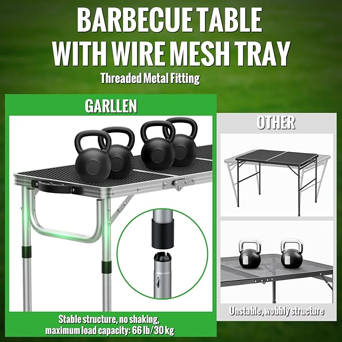 GARLLEN Folding Grill Table, 3 Adjustable Height Portable BBQ Table with Heat-Resistant Mesh Tabletop, Lightweight Aluminum Camping Tables for Outdoor, Grill, Picnic, 34.2" L x 15.7" W, Silver