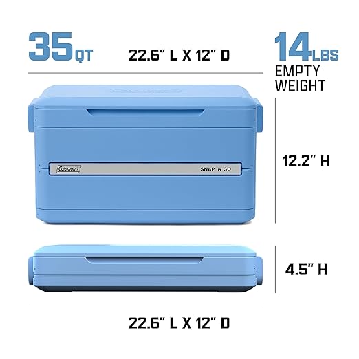 Coleman Snap N Go 35qt Collapsible Hard Cooler, Keeps ice Cold for up to 48 Hours, Holds up to 64 cans, Collapses up to 1/3 its Size, Can Hold up to 200 pounds, Blue Sky