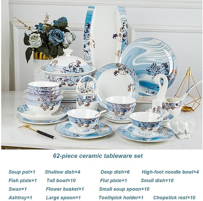 GaRcan Porcelain Square Dinner Plate Sets Ceramic Dinnerware Set 62 Pieces, Bchina Porcelain Dinner Plate Sets,Service for 6, Kitchen Tableware Set